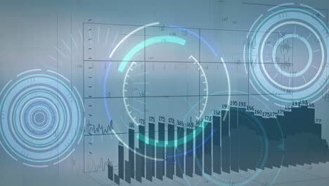 animation of graphs with changing numbers over loading circles against abstract background