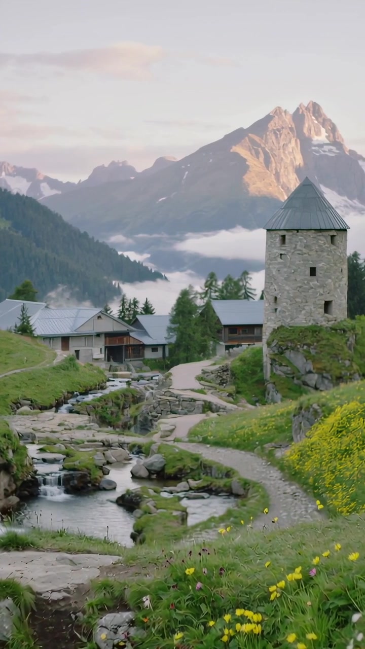 Video verticale: Telecamera panoramica che riprende una torre di pietra in una valle alpina, mostrando la foschia del torrente, con spazio per il testo.