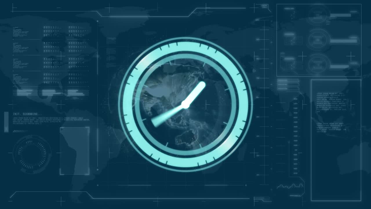 Animation of clock moving over screen with diverse data