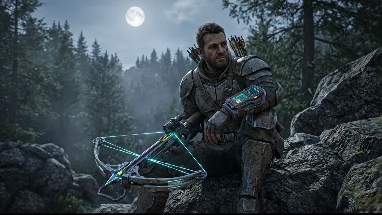 Futuristisk jeger sikter og skyter armbrøst i en månebelyst skog