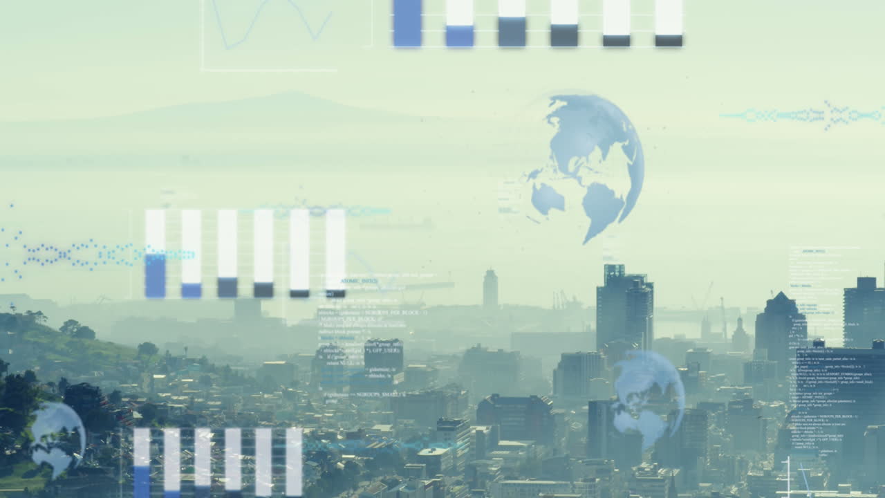 도시 풍경 위의 데이터 처리 애니메이션