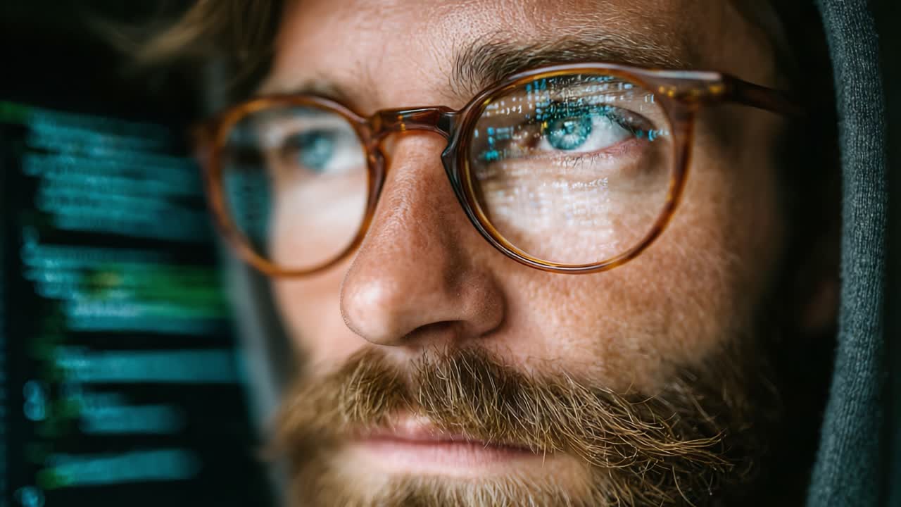 En fokusert person fordyper seg i koding, og viser intens konsentrasjon med briller og hettegenser mens omgitt av datakode og digitale elementer.