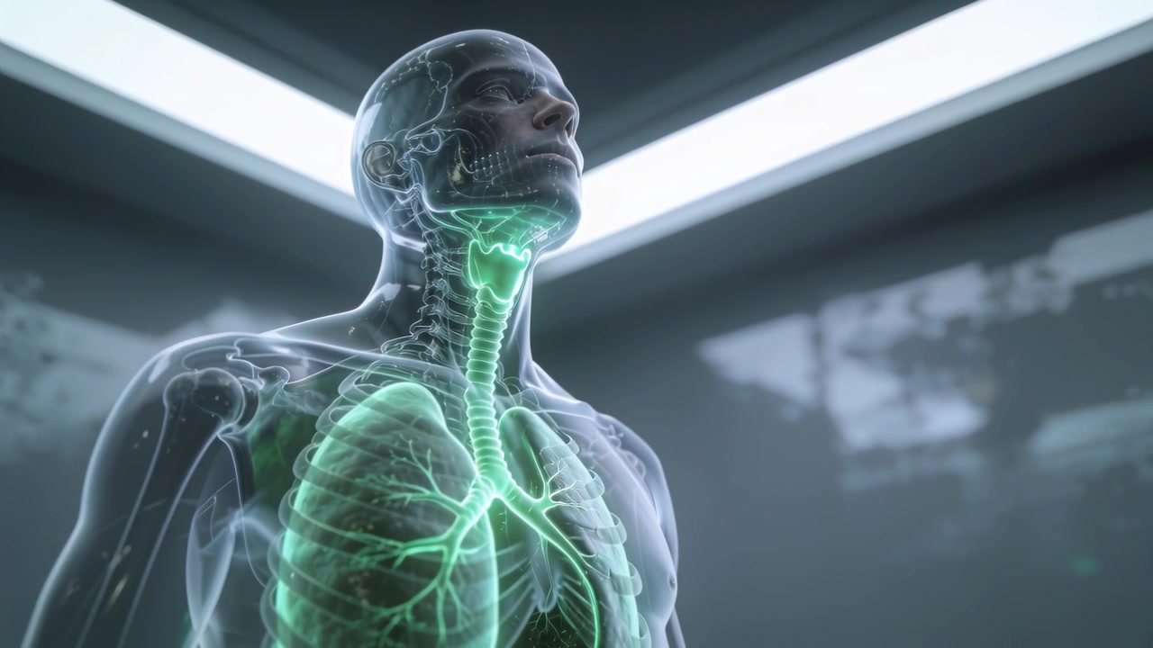 Telecamera panoramica che mostra un modello di torso trasparente che inclina la testa all'insù in una clinica, con polmoni illuminati a scopo didattico.