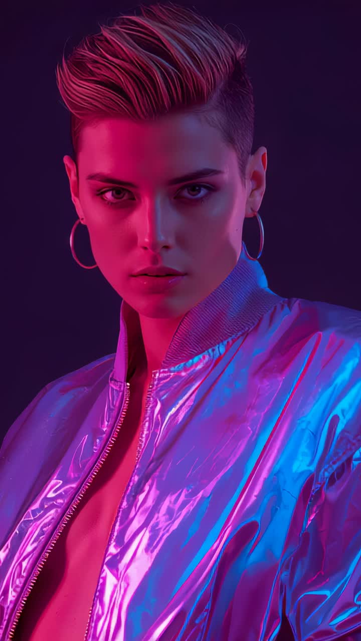 Vertical video: Starting model holding gaze, blinking in neon studio, bomber jacket, silver hoops