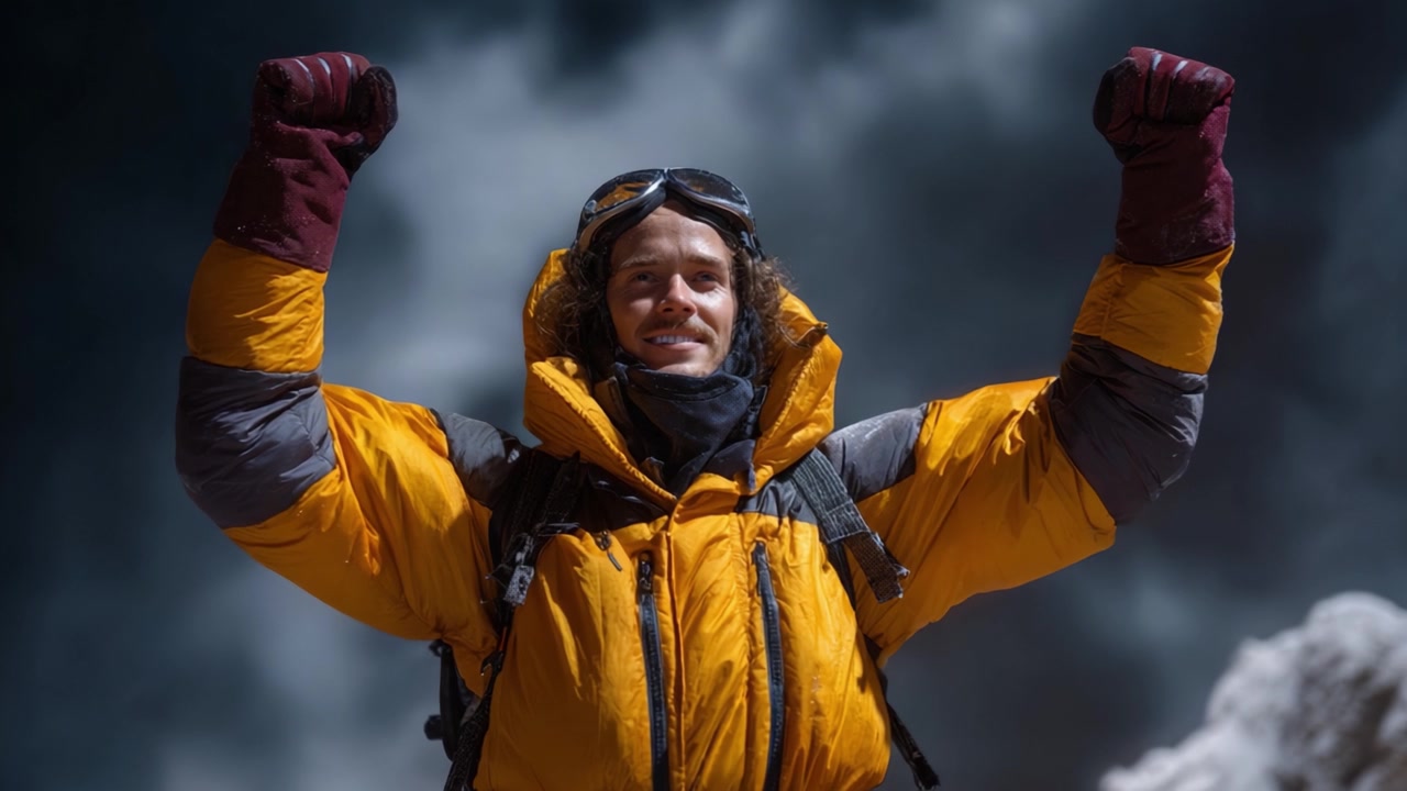 Um alpinista vitorioso se posiciona triunfantemente nas montanhas, celebrando sua conquista com os braços erguidos contra um dramático fundo de nuvens, incorporando pura alegria