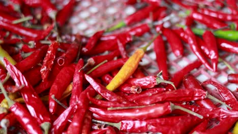 close-up of dried red thai chillies at bangkok floating market