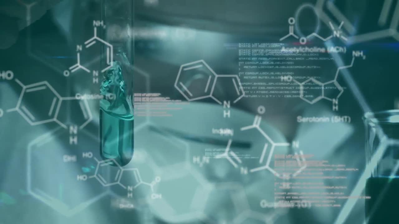앞면에 과학적 데이터가 있는 시험관을 들고 있는 과학자