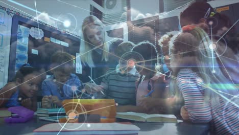 animation of kids in a classroom over data processing in the background