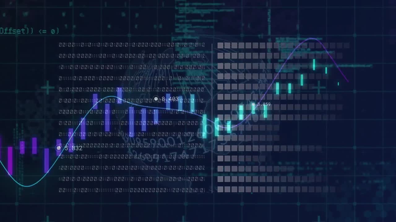 Animation of statistics with financial data processing over blue background