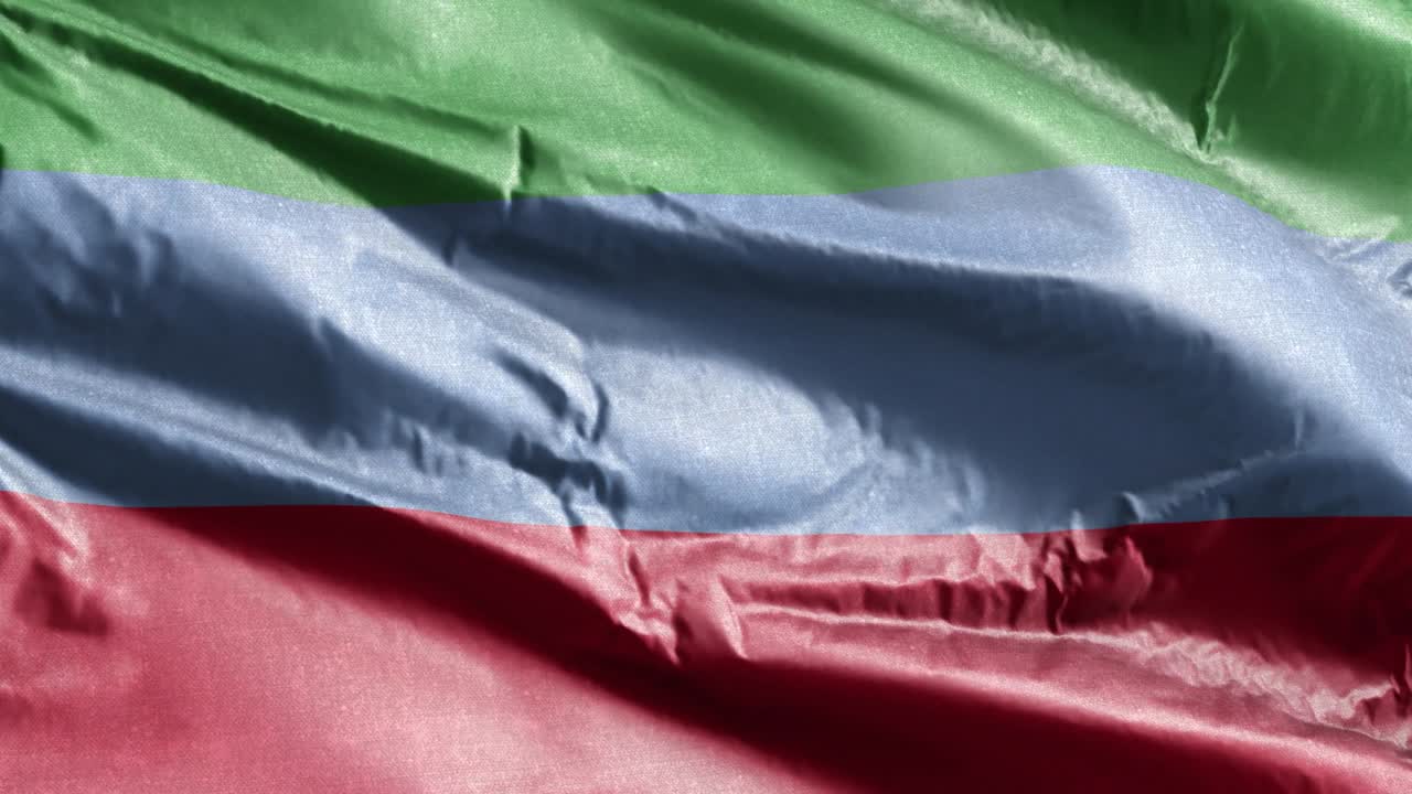 Dagestan textile flag slow waving on the wind loop. Dagestan banner smoothly swaying on the breeze. Fabric textile tissue. Full filling background. 20 seconds loop.