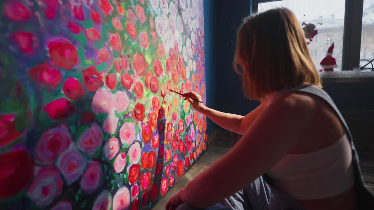 Ung kvinde maler et farverigt blomstermotiv på et stort lærred