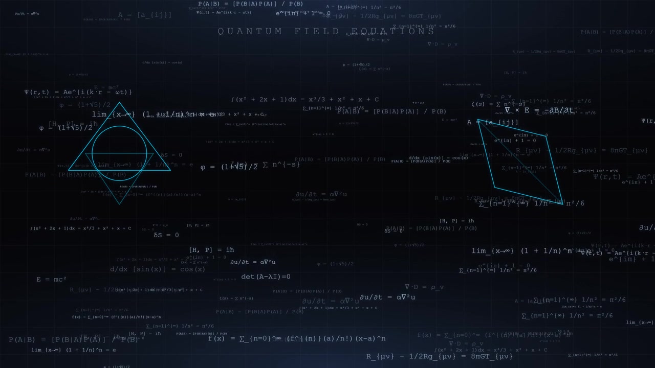Animated Quantum Field Equations and Geometric Diagrams on Dark Background