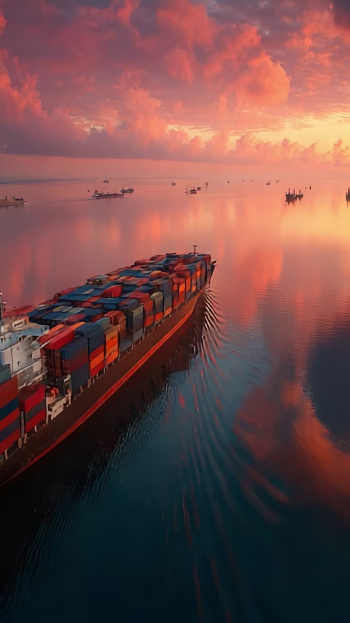 A Majestic Container Ship Navigating Through a Tranquil Sea at Dusk, Surrounded by Vibrant Colors of Sunset Reflecting on the Water's Surface
