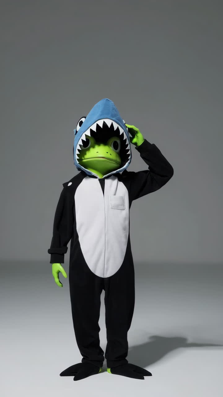 Person in a Frog Costume with a Shark Hat