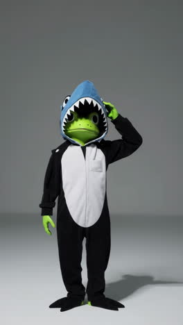 person in a frog costume with a shark hat