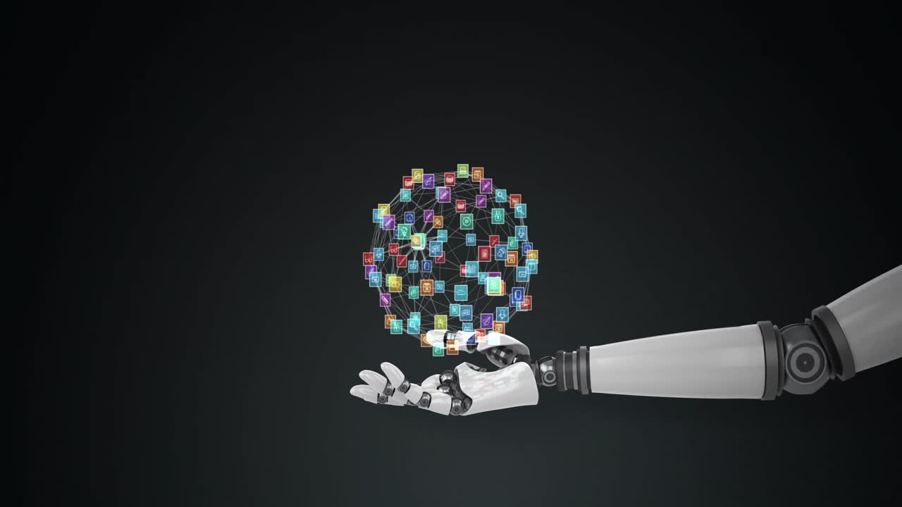 mano robótica que presenta iconos generados digitalmente