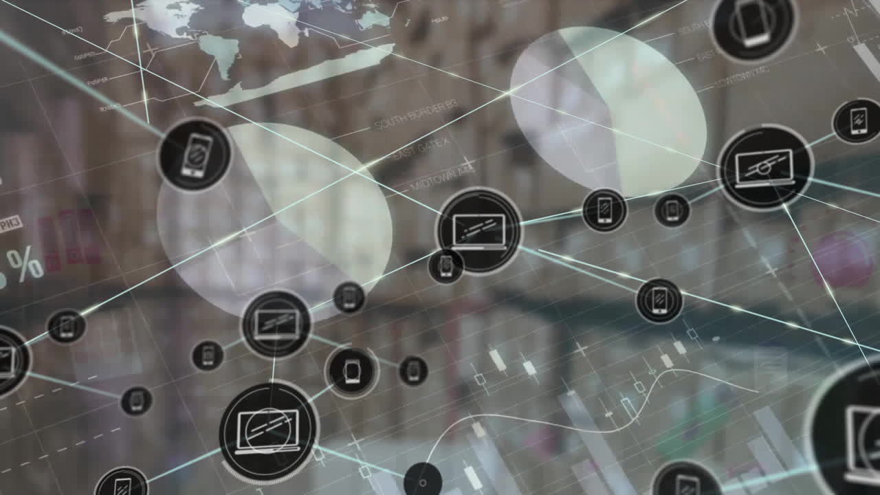 animazione di reti di connessioni con icone sul magazzino