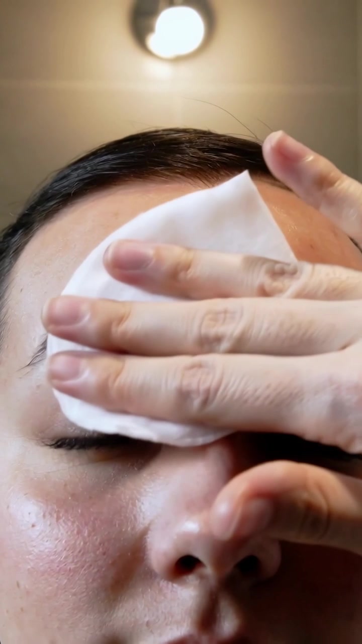 Vertical video: Pressing white pad woman wiping right eyelid across brow in bedroom removing makeup