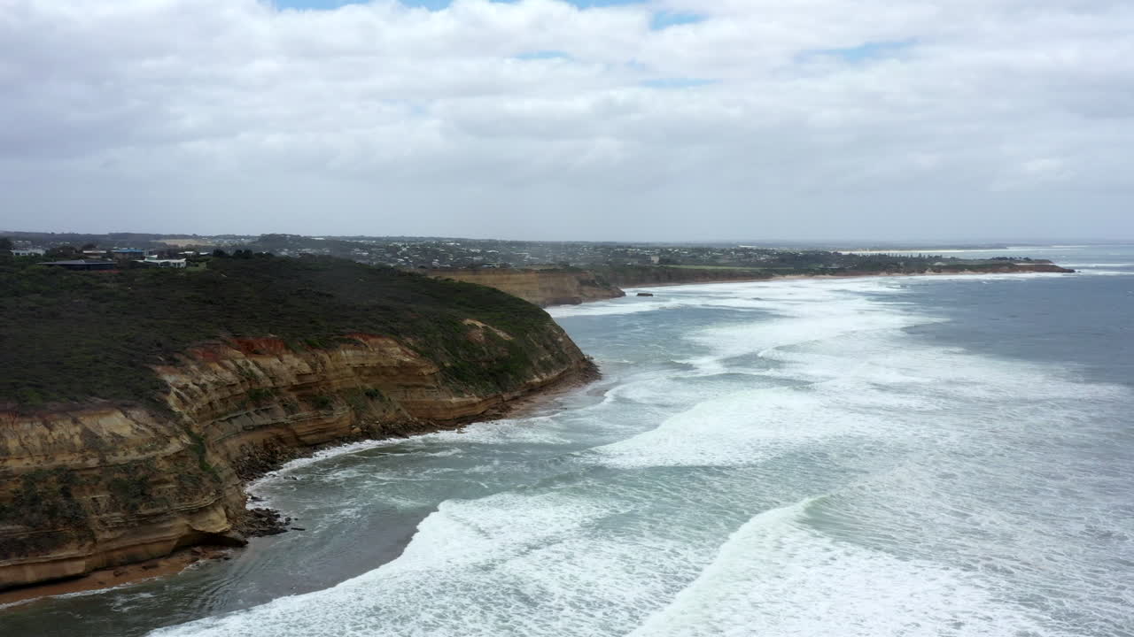 AERIAL Rugged Limestone Cliffs Of Bells Beach, Australia