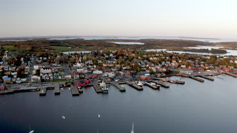 High-Aerial-Panoramic-View-of-Lunenburg,-Nova-Scotia-from-Water