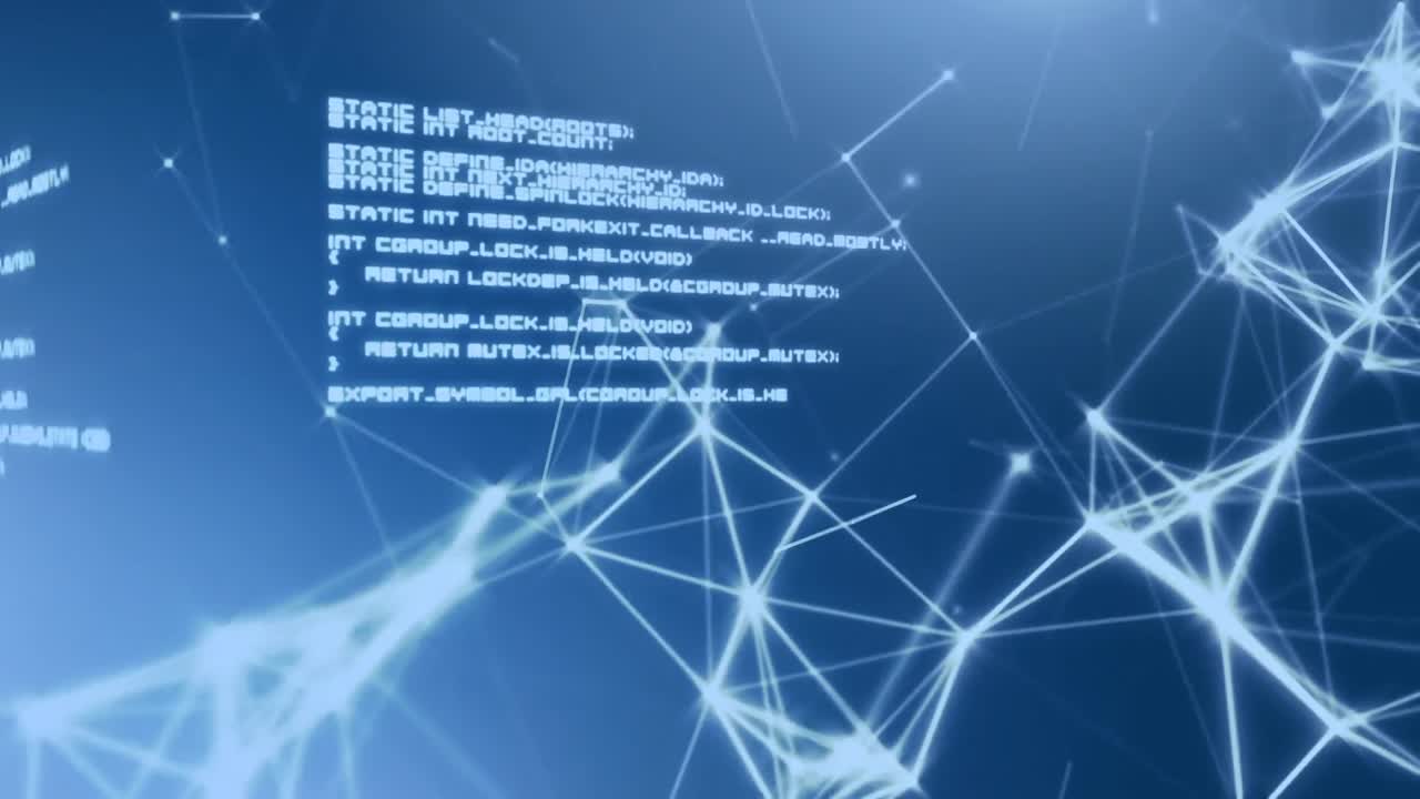 Animation of data processing with networks of connections over blue background