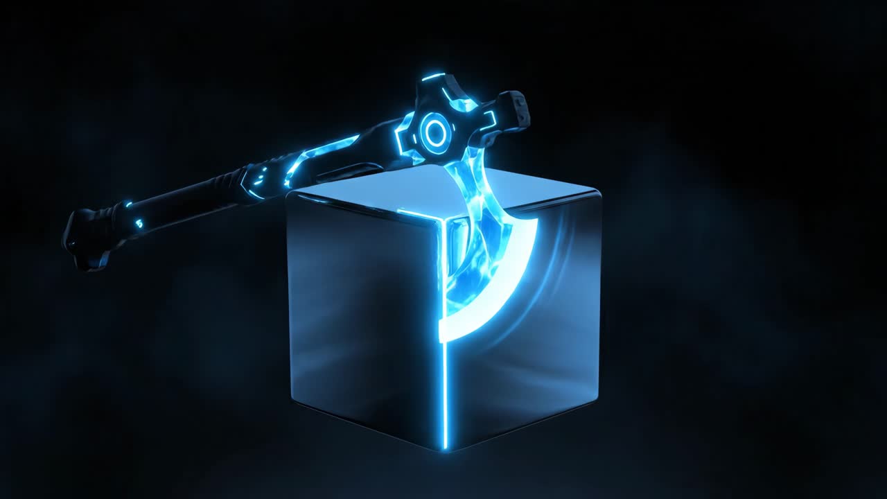 Futuristic Glowing Axe on Cube