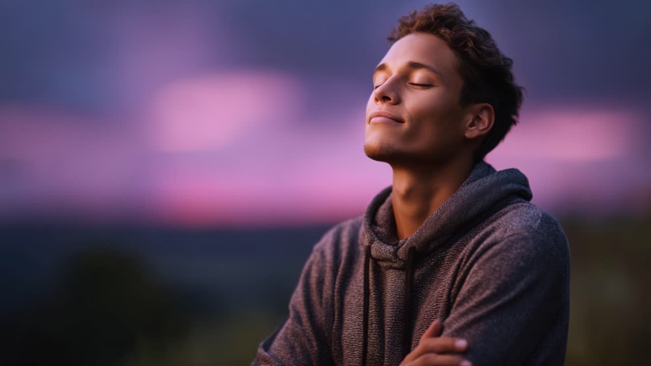 Un momento de calma y reflexión: un joven disfrutando de la tranquilidad con un impresionante fondo de atardecer y expresiones faciales relajadas, capturado en dos planos