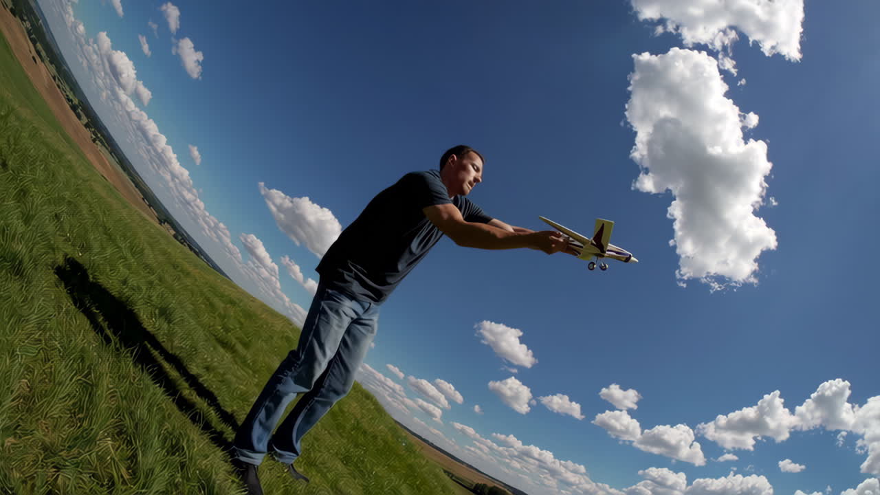 Man flying a model airplane in a field