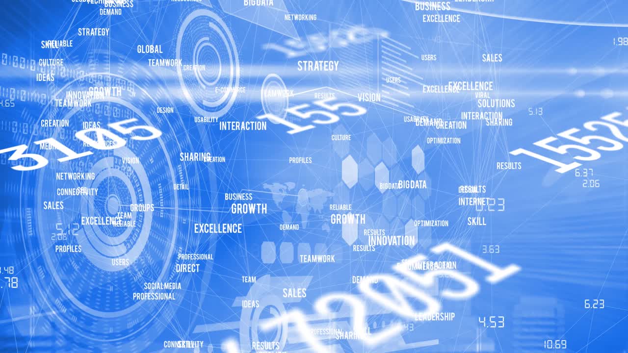 Animation of numbers changing and scopes scanning on blue background