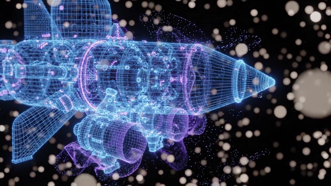 A high-tech rocket design featuring illuminated wireframe graphics against a dark background, showcasing its sleek, futuristic shape with glowing particles all around.
