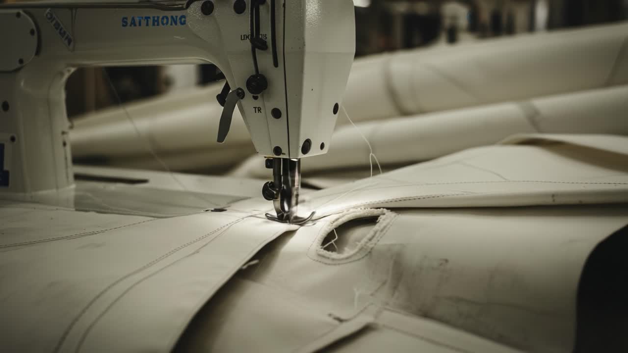 A Detailed Close-Up of an Industrial Sewing Machine Stitching Fabric in a Warehouse Setting, Highlighting Precision and Craftsmanship in Textile Production