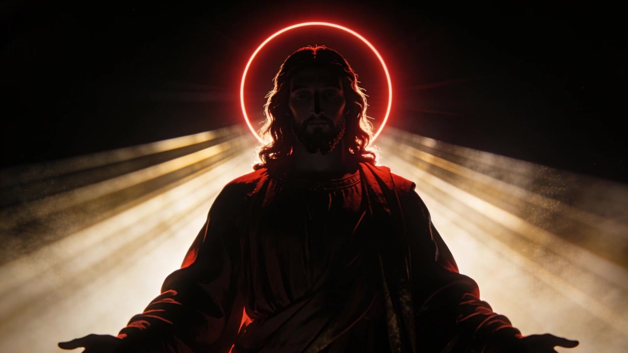 Zoom della telecamera che avvicina una statua religiosa maschile in studio, rivelando l'aureola e le pieghe della veste.
