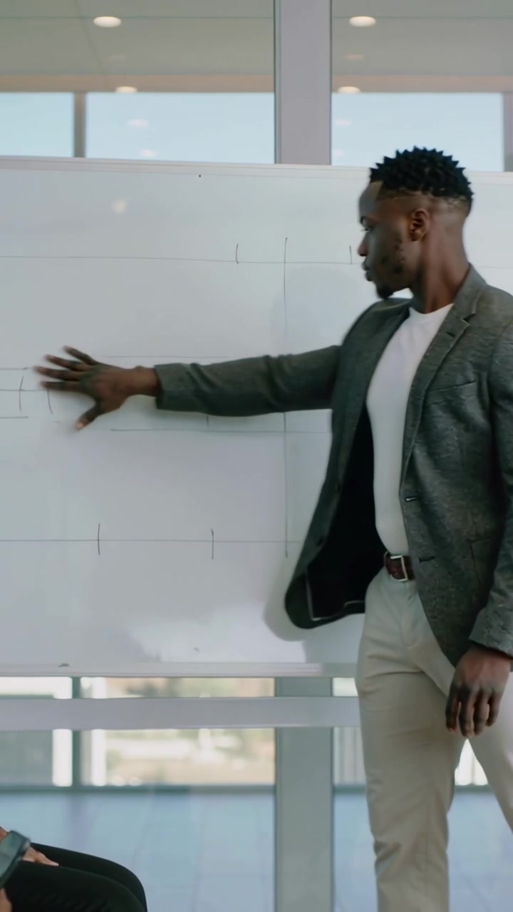 Vertical video: Reaching speaker in grey blazer explaining timeline on office whiteboard