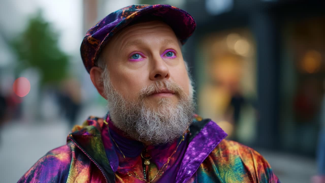 Una persona vivace che posa con sicurezza in una strada cittadina, mettendo in mostra scelte di moda uniche e un abbigliamento dai colori vivaci con un trucco occhi distintivo