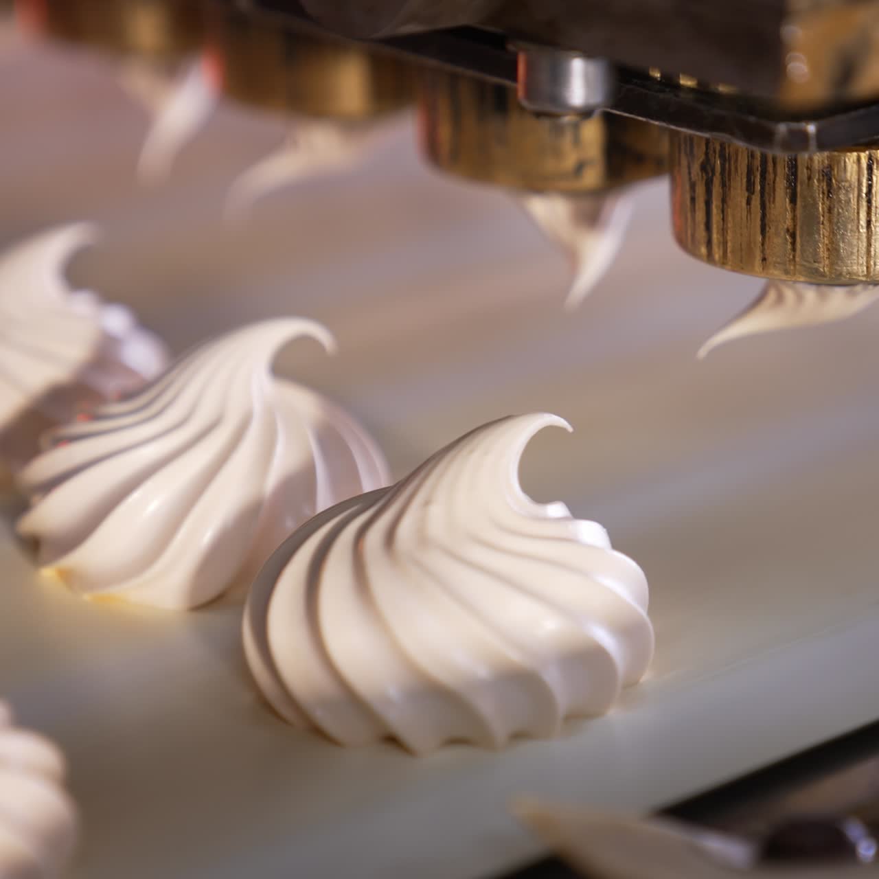 White creamy marshmallows are squeezed on the moving conveyor belt. Close up. Automated line for sweet products manufacturing. Confectionery concept