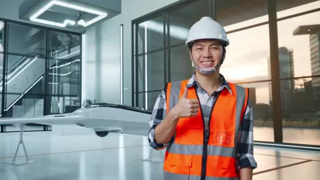 ingeniero masculino asiático con casco de seguridad sonriendo y mostrando los pulgares hacia arriba gesto a la cámara mientras está de pie con el proyecto de avión no tripulado