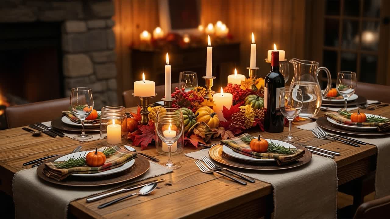 A Warm and Inviting Thanksgiving Dinner Table Setting with Candles, Autumn Decor, and Seasonal Delicacies Perfect for Gathering Friends and Family