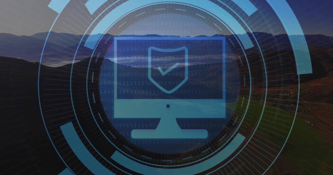 After aerial sweep, circles expanding around monitor shield icon pulsing visualizing security