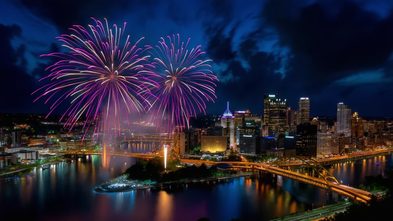 A Breathtaking Display of Colorful Fireworks Lighting Up the Night Sky Above a Vibrant City, Showcasing Stunning Reflections on the Water While the Cityscape Glimmers in the Background