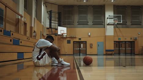 a lone basketball player sits dejectedly on the court
