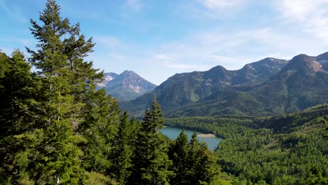 Volando-Sobre-Los-Pinos-Para-Revelar-Un-Lago-Escénico-En-El-Paisaje-De-Las-Montañas-Rocosas-En-Un-Día-De-Verano