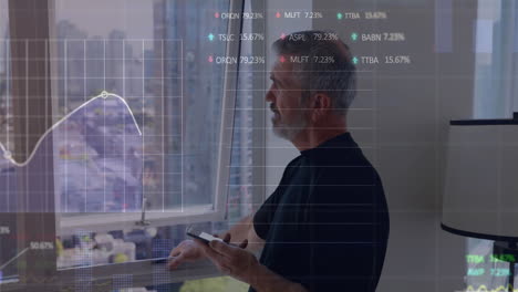 Animation-Von-Diagrammen,-Handelstafeln,-älterer-Kaukasischer-Mann-Steht-Am-Fenster-Und-Benutzt-Smartphone