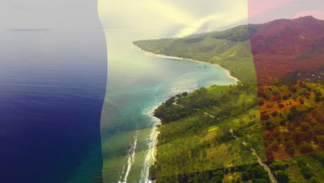 digital composition of waving france flag against aerial view of the sea