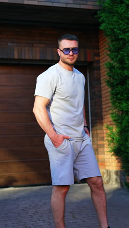 caucasian man in sport clothes and sunglasses stands outdoors. athletic man demonstrating sportswear. vertical video