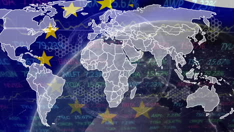 animation of graphical earth with european union flag, map and hexagonal shape against trading board