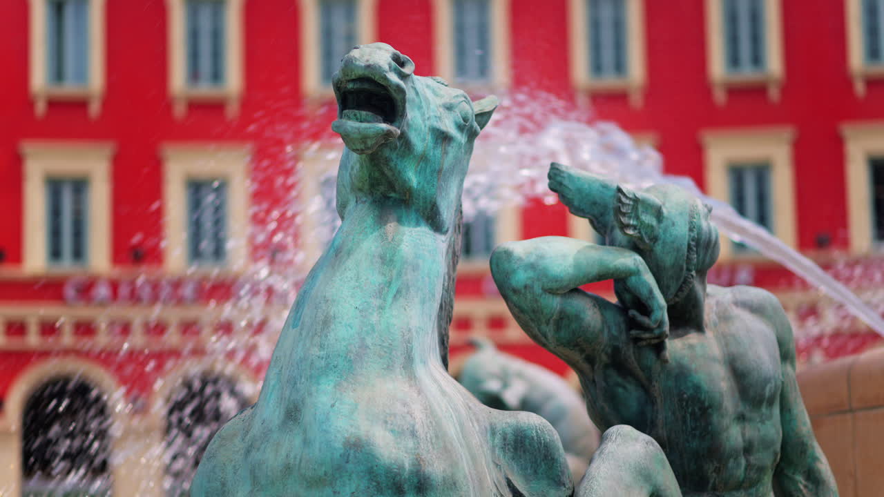 Nice, France - May 12, 2025: Close up of the Sun water fountain in the Massena Square in daylight