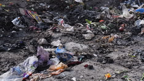 flies buzz around disgusting wet trash, garbage on third world street