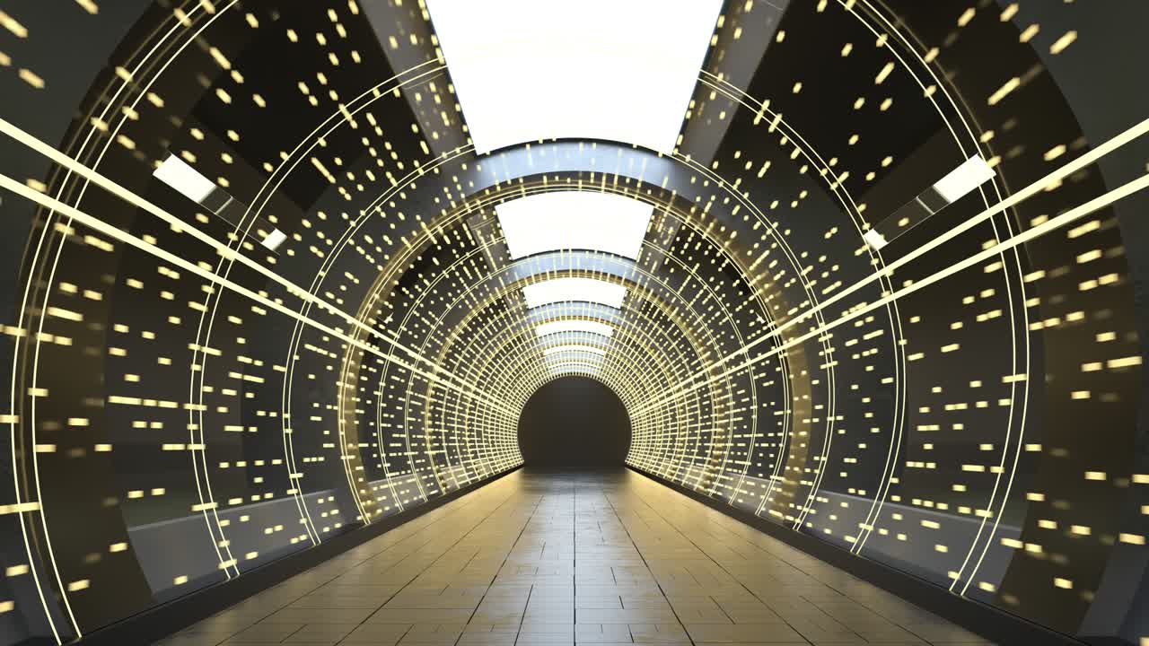빛나는 네온 조명과 함께 어두운 둥근 터널, 3d 렌더링