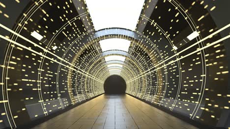 túnel redondo oscuro con luces de neón brillantes, renderización en 3d.