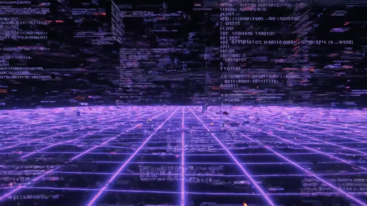 Immersive Digital Landscape: A Journey Through a Neon Grid Transitioning from a Static Horizon to a Dynamic Stream of Information